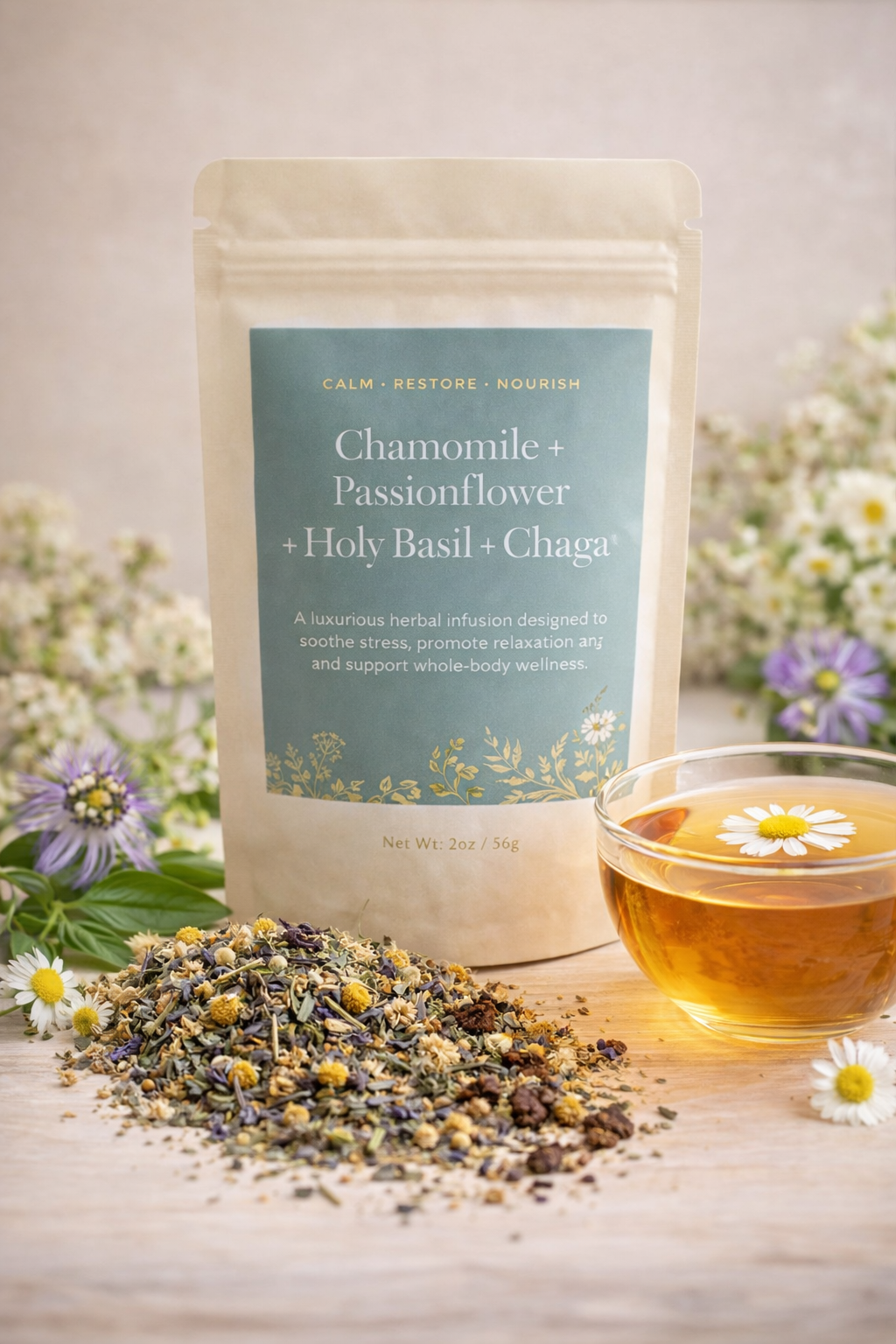 Chamomile + Passionflower + Holy Basil + Chaga Herbal Tea